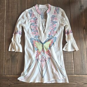 Y2K White Diamonds Butterfly Embroidered Tunic Dress Cover Up White Pink Fairy